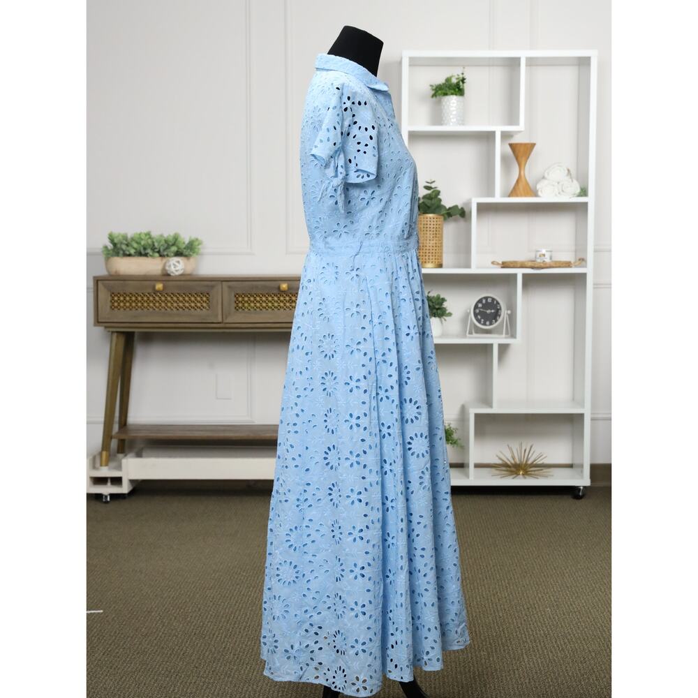 J.Crew Re-Imagined Blue Eyelet Midi Maxi Dress Button Front Cottagecore Coastal - Picture 7 of 16